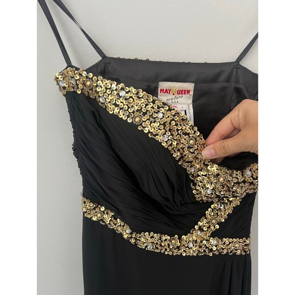 Formal Dress Prom Hoco Homecoming Black Gold Sequins Strapless Long Size 6 - Picture 3 of 11